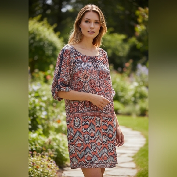 FOCUS Studio Bohemian Print Dress in Orange and Blue, Off Shoulder, Size 8 - Picture 1 of 6